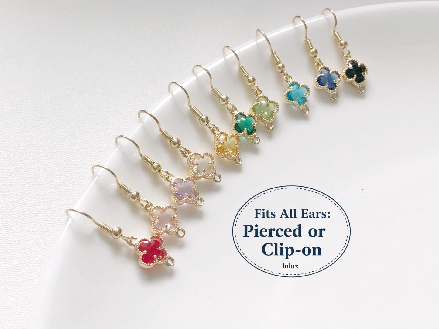 Lucky Four Leaf Clover Earrings in 9 Colours, Dainty Crystal Flower Dangle, Choice of Hook, Stud or Clip on, Birthday Gift for Her