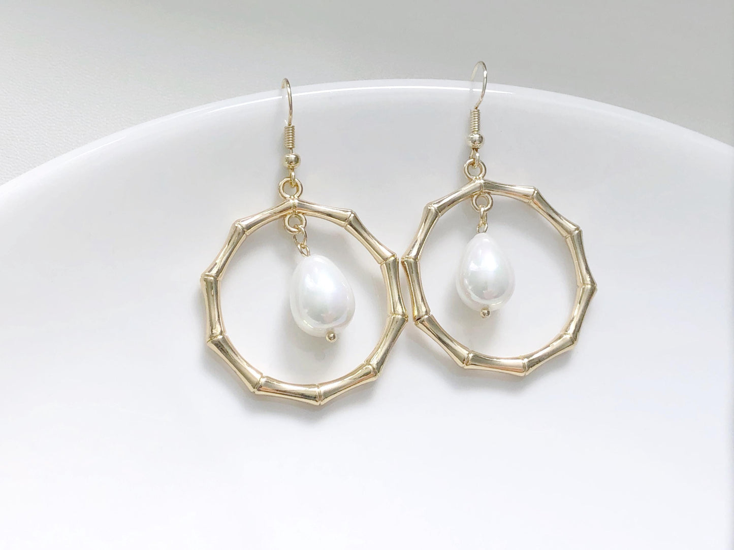 Large Bamboo Hoop, Big Faux Pearl Drop, Choice of Hook Stud or Clip on, Statement Geometric Earrings, Oversized Jewellery, gift for her