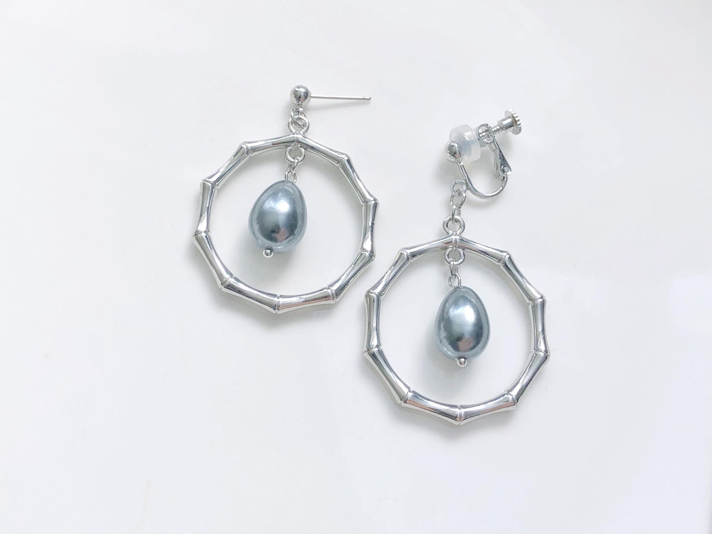 Large Bamboo Hoop, Big Faux Pearl Drop, Choice of Hook Stud or Clip on, Statement Geometric Earrings, Oversized Jewellery, gift for her