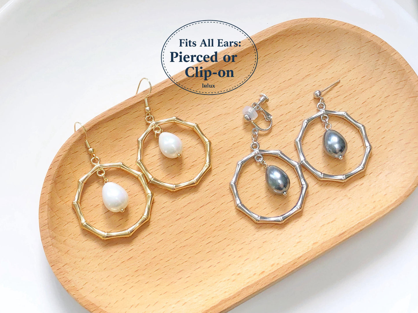 Large Bamboo Hoop, Big Faux Pearl Drop, Choice of Hook Stud or Clip on, Statement Geometric Earrings, Oversized Jewellery, gift for her