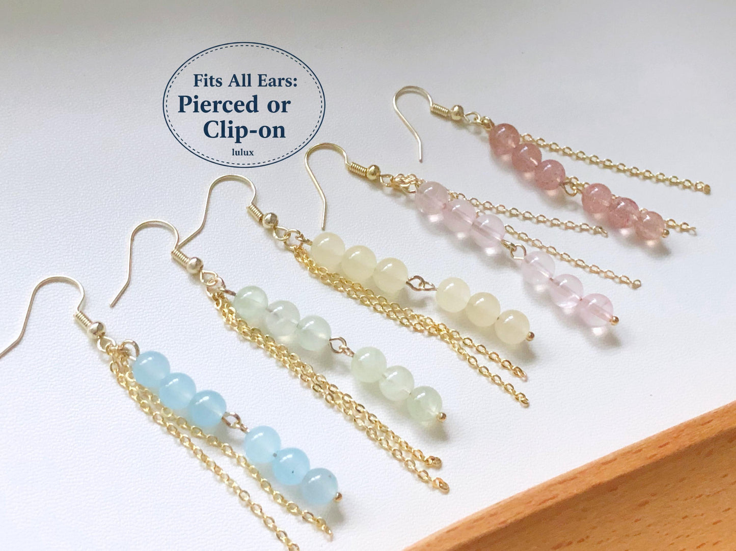 Pastel Bead Earrings, Long Chain Tassel, Gift for Her, Hook Stud or Clip on, Colourful Gemstone Dangle, Boho Summer Jewellery