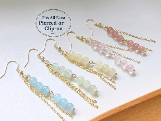Pastel Bead Earrings, Long Chain Tassel, Gift for Her, Hook Stud or Clip on, Colourful Gemstone Dangle, Boho Summer Jewellery