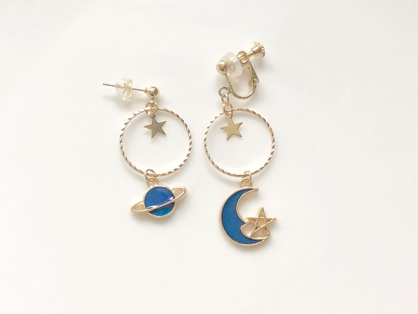 Planet and Moon Earrings, Celestial Starry Night, Gift for Her, Hook Stud or Clip on, Asymmetric Universe Jewellery, Blue Enamel Dangle