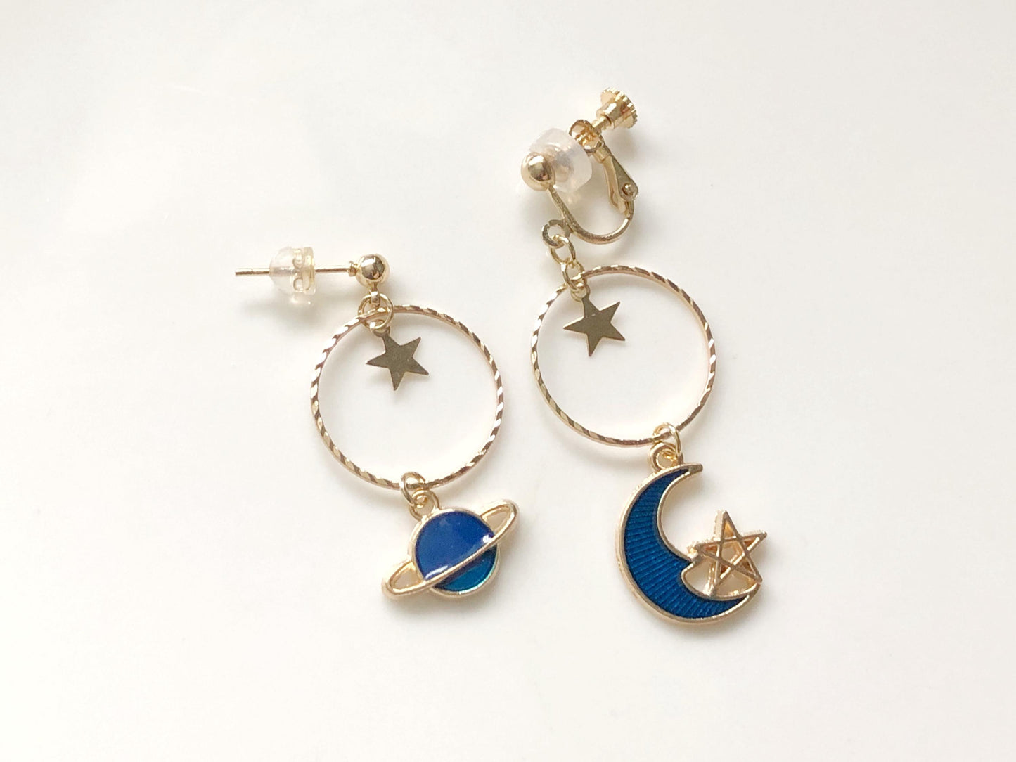 Planet and Moon Earrings, Celestial Starry Night, Gift for Her, Hook Stud or Clip on, Asymmetric Universe Jewellery, Blue Enamel Dangle