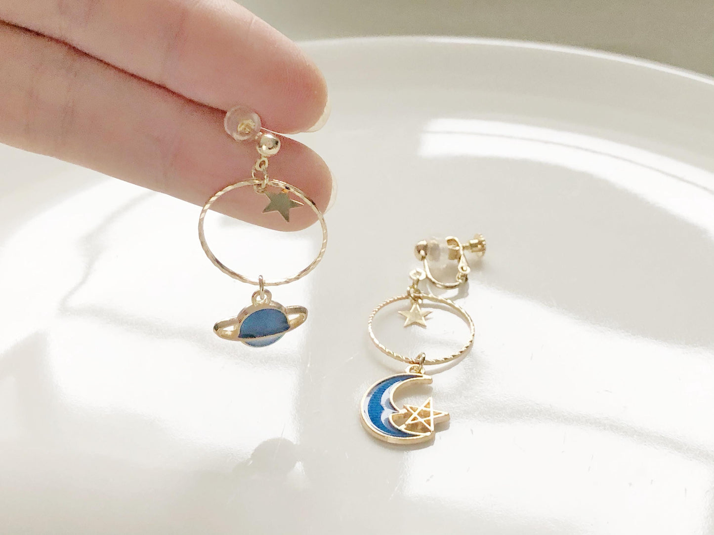 Planet and Moon Earrings, Celestial Starry Night, Gift for Her, Hook Stud or Clip on, Asymmetric Universe Jewellery, Blue Enamel Dangle