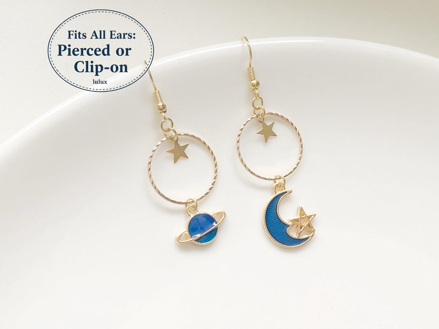 Planet and Moon Earrings, Celestial Starry Night, Gift for Her, Hook Stud or Clip on, Asymmetric Universe Jewellery, Blue Enamel Dangle