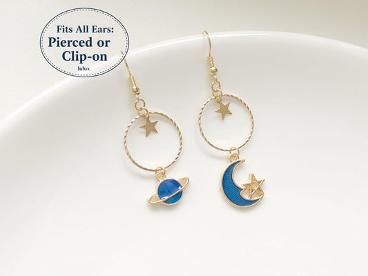 Planet and Moon Earrings, Celestial Starry Night, Gift for Her, Hook Stud or Clip on, Asymmetric Universe Jewellery, Blue Enamel Dangle