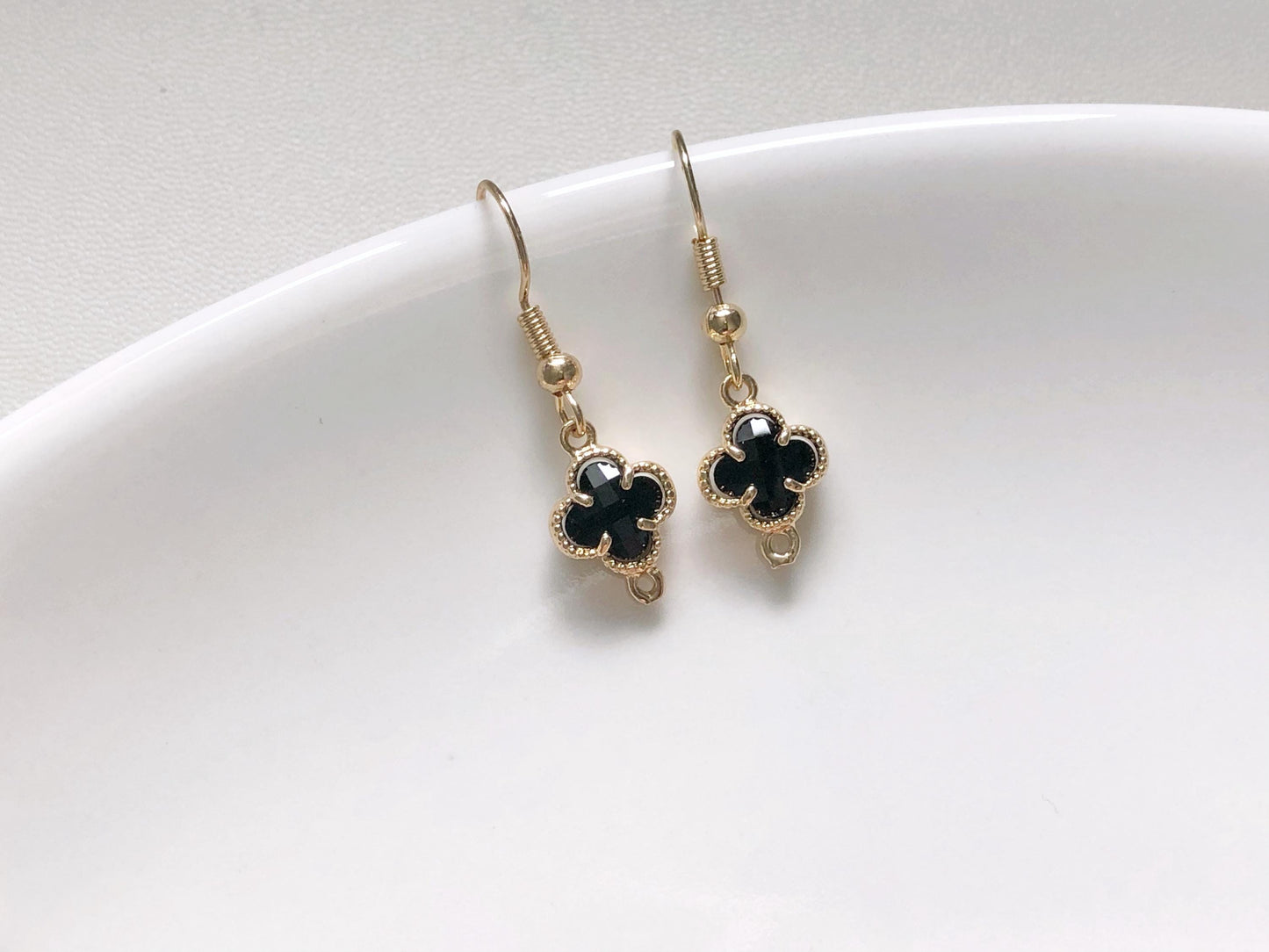 Lucky Four Leaf Clover Earrings in 9 Colours, Dainty Crystal Flower Dangle, Choice of Hook, Stud or Clip on, Birthday Gift for Her