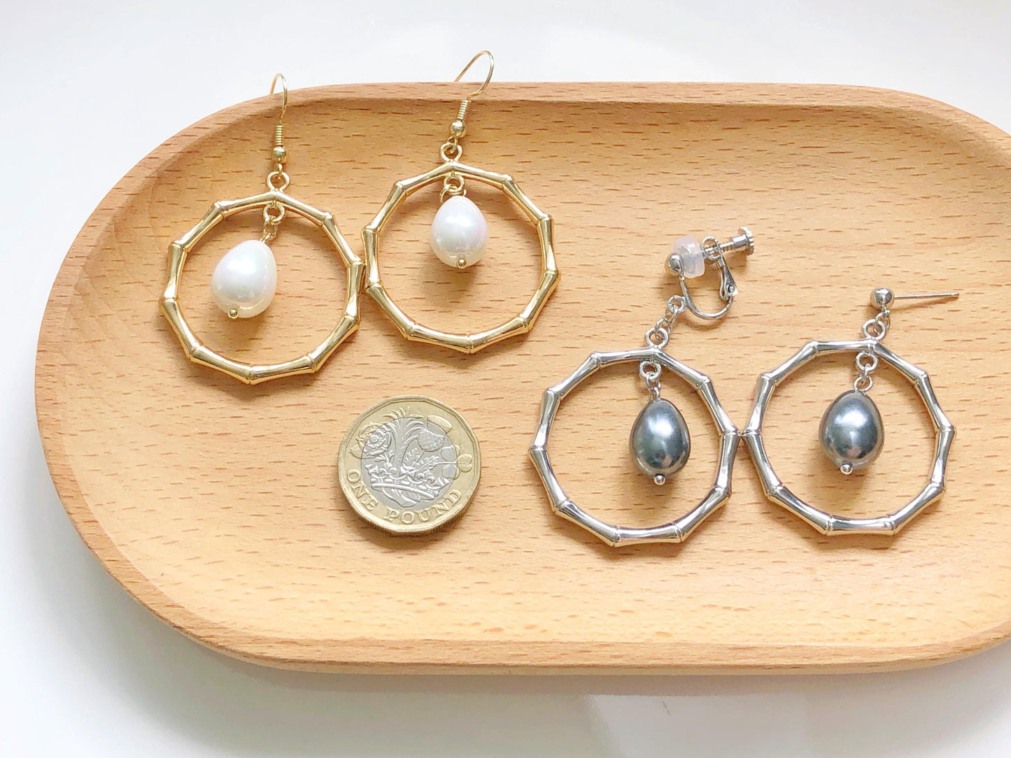 Large Bamboo Hoop, Big Faux Pearl Drop, Choice of Hook Stud or Clip on, Statement Geometric Earrings, Oversized Jewellery, gift for her