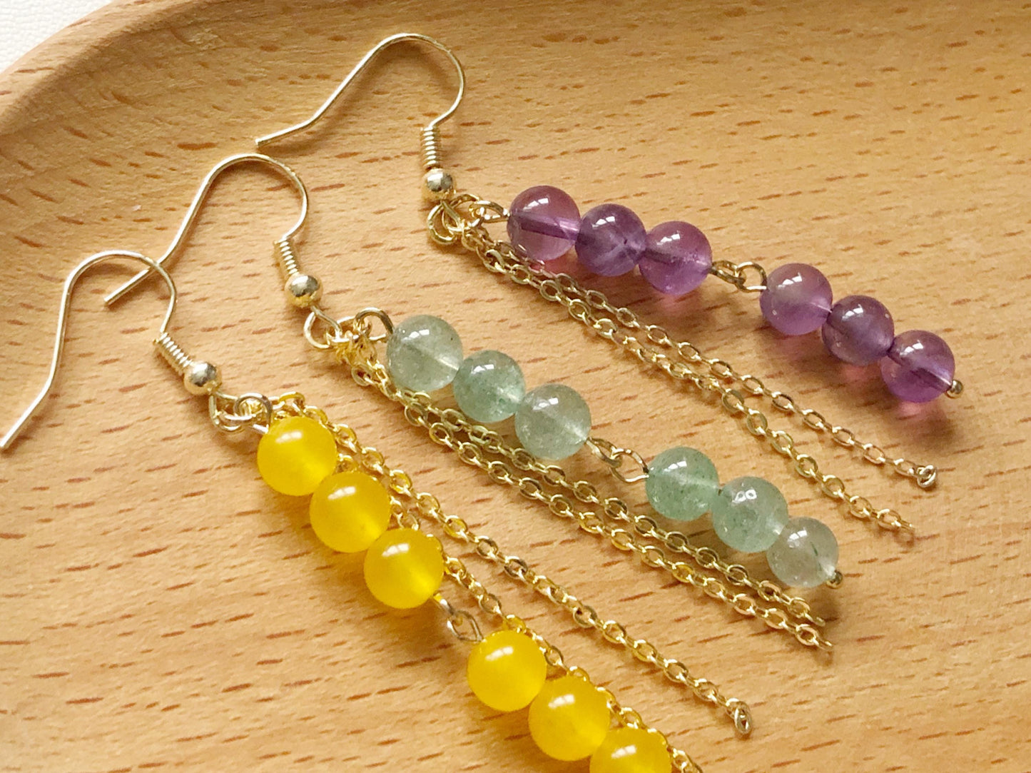 Pastel Bead Earrings, Long Chain Tassel, Gift for Her, Hook Stud or Clip on, Colourful Gemstone Dangle, Boho Summer Jewellery