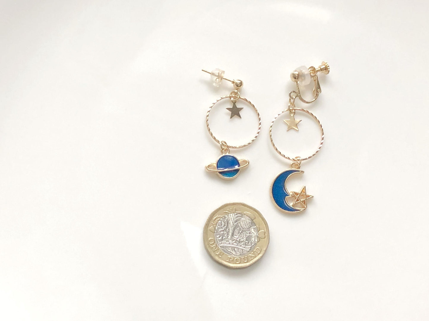 Planet and Moon Earrings, Celestial Starry Night, Gift for Her, Hook Stud or Clip on, Asymmetric Universe Jewellery, Blue Enamel Dangle