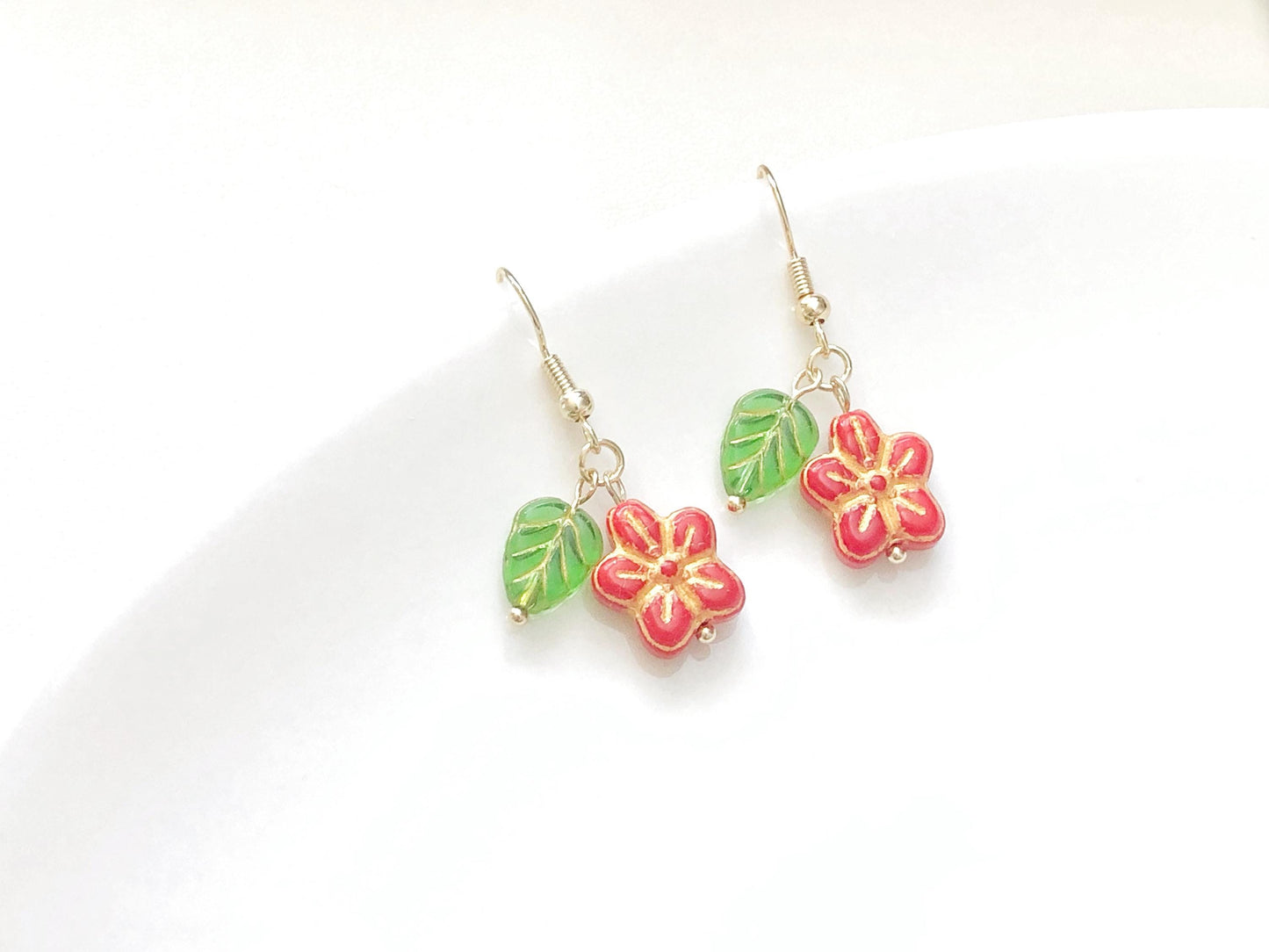 Red Resin Flower Earrings, Dainty Floral Leaf Jewellery, Stud or Invisible Clip on, Cute Summer Garden Gift for Her