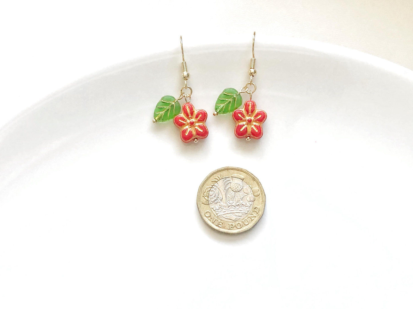 Red Resin Flower Earrings, Dainty Floral Leaf Jewellery, Stud or Invisible Clip on, Cute Summer Garden Gift for Her