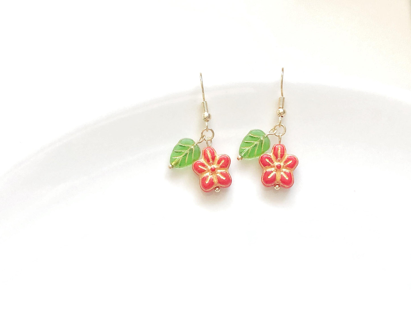 Red Resin Flower Earrings, Dainty Floral Leaf Jewellery, Stud or Invisible Clip on, Cute Summer Garden Gift for Her