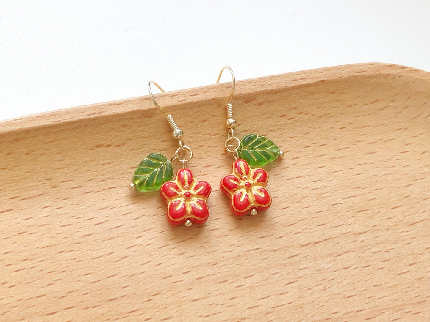 Red Resin Flower Earrings, Dainty Floral Leaf Jewellery, Stud or Invisible Clip on, Cute Summer Garden Gift for Her