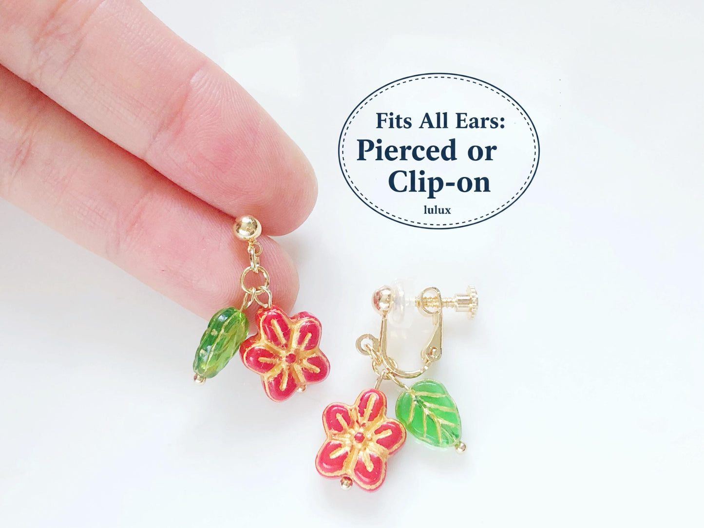 Red Resin Flower Earrings, Dainty Floral Leaf Jewellery, Stud or Invisible Clip on, Cute Summer Garden Gift for Her